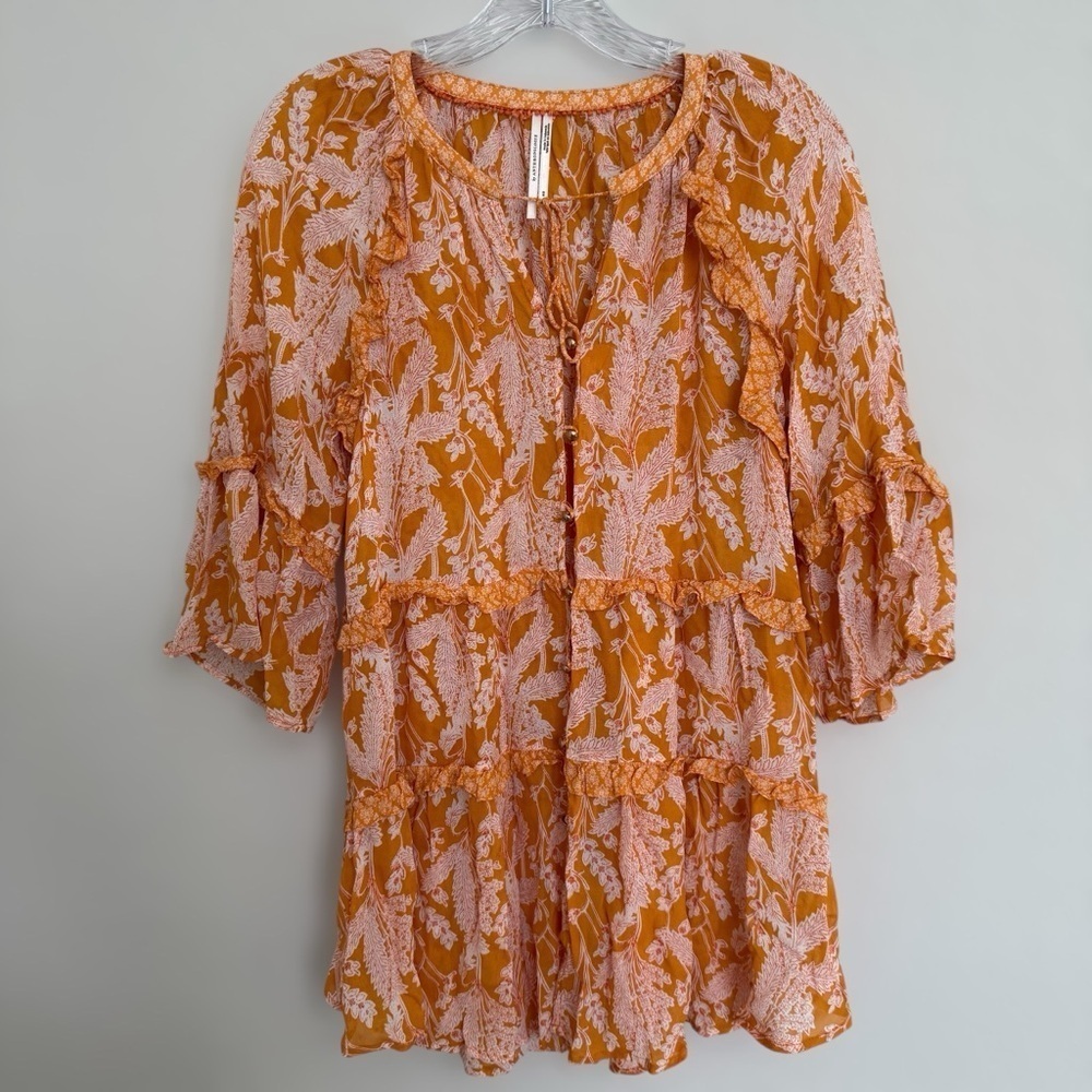 Anthropologie Orange Floral Tiered Babydoll Tunic Top Sz XS Boho Feminine Ruffle